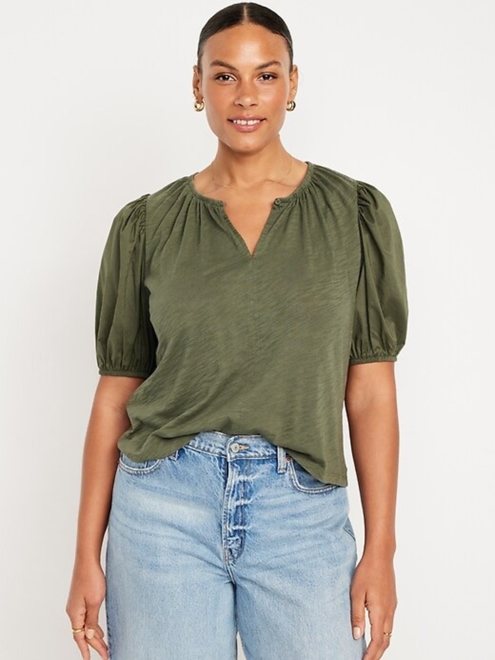 NEW‎ Old Navy Boho Cottagecore Cotton Puff Sleeve Peasant Blouse Olive Green XL